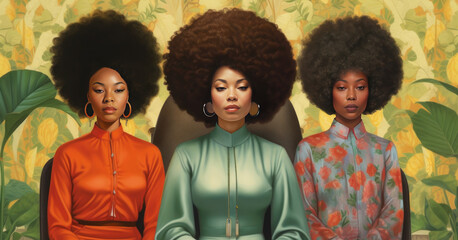 Chic and powerful, this image captures three women in vibrant outfits - obrazy, fototapety, plakaty
