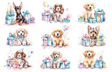 Happy birthday. Funny watercolor illustration set with dogs. Doberman Pinscher, Labrador retriever, Yorkshire Terrier, Poodle, Australian Shepherd, Husky