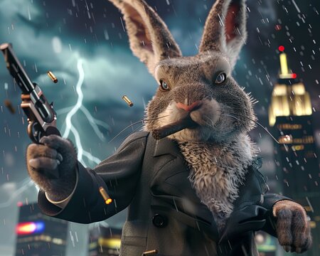 Unique rabbit character, cigar and gun in hand, against a cityscape with thunder, in 3D animation by a top illustrator
