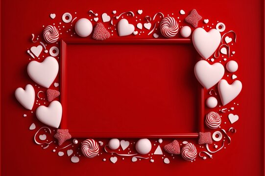 A red blank sheet of paper with space for your own content as an image. Frame made of white hearts and balls.