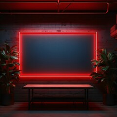 Black empty field with space for your own content around neon red glowing frame, table below and two flowers in a pot, dark background. - obrazy, fototapety, plakaty