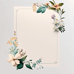 White blank card at decorated on the sides, colorful flowers with leaves.