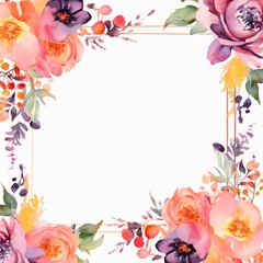 White blank card with space for your own content. All around decorations with colorful flowers and leaves.