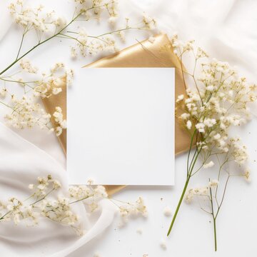 White blank card with space for your own content as an image. Around the decoration of small white flowers.