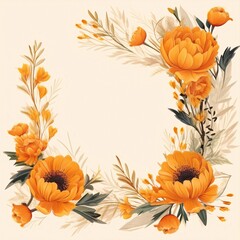 Frame with orange flowers and leaves on a light background.