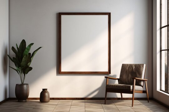 Blank picture with frame on wall around chair flower space for your own content.