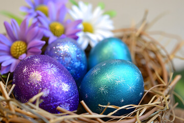 Fototapeta na wymiar A vibrant easter scene with delicate eggs nestled among beautiful purple flowers and adorned with intricate blue designs. Spring festive concept.