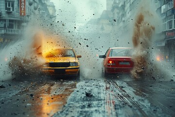 Amidst the pouring rain, cars brave the treacherous road, navigating through debris and water with their wheels gripping the slick pavement - obrazy, fototapety, plakaty
