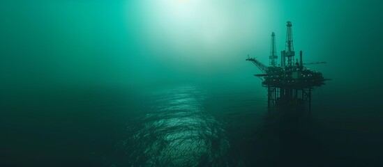 An oil platform at sea in the fog. Collage with diagrams and wind turbines.