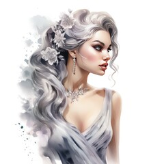 Fototapeta premium Watercolor Glamour Girl in Silver Grey Dress with Intricate Detailing