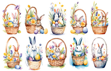 Watercolor easter baskets with painted eggs spring flowers and rabbit illustration set. Wicker basket full of chocolate egg, springtime holiday gift hampers illustration set