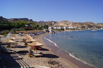 A panoramic view of Stegna Beach on the East coast of Rhodes, Greece
