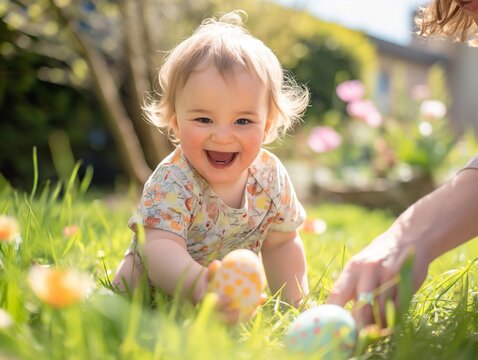 Little child playing happily in the grass, grabbing an Easter chocolate egg in the garden, the mother is near the baby, pointing at the decorated eggs, the kid is having fun, smiling or laughing