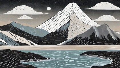 Stylized Illustration of Snow-Capped Mountains and Lake at Night