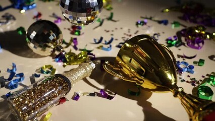Winner's cup with confetti and champagne, disco ball sparkles, victorious background, triumph celebration - Powered by Adobe