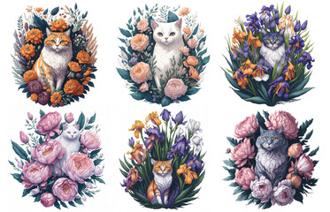 Cute Watercolor Cat in flowers blossom illustration set. T-shirt print, card. Poster cat. Peony...