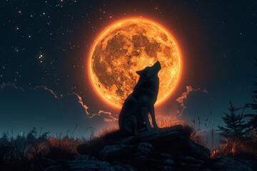 A lone wolf serenades the celestial sky with its haunting howl, a reminder of the wild and untamed nature of the animal kingdom under the watchful gaze of the moon and stars - obrazy, fototapety, plakaty