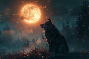 A majestic wolf basks in the light of the full moon, a wild and untamed creature at home in the peaceful night - obrazy, fototapety, plakaty