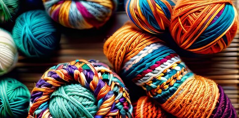 Knitting of yarn in a close-up view, displaying a colorful and patterned background, where each stitch merges into a captivating tapestry of hues