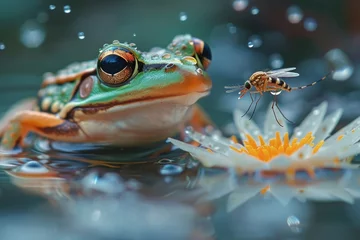 Deurstickers Captured in a mesmerizing macro shot, a curious frog and a carefree fly share a peaceful moment in the tranquil depths of the water © familymedia