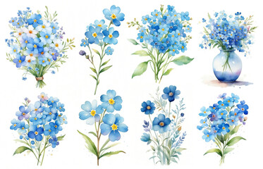 Set of watercolor flowers, hand drawn illustration of blue forget-me-nots, floral elements for greeting and invitation cards isolated on a white background. Watercolor illustration set