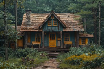Fototapeta na wymiar A charming yellow log cabin nestled among the trees in a peaceful forest, with a rustic wooden roof and cozy windows overlooking the lush landscape