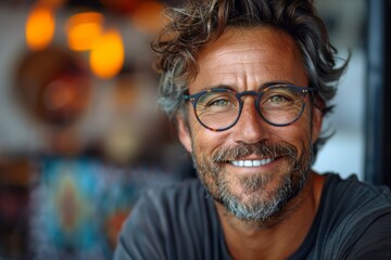 A contented man with a well-groomed beard and stylish glasses radiates confidence and warmth as he smiles, revealing subtle wrinkles around his eyes and a twinkle of eyewear - obrazy, fototapety, plakaty