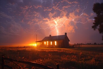 Amidst a raging storm, a solitary house stands illuminated by a lightning strike, surrounded by swaying trees and the ominous night sky - obrazy, fototapety, plakaty