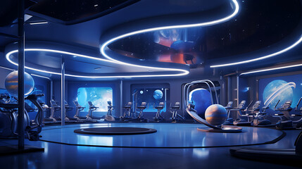 A gym layout for a space-themed fitness center, featuring planetary-themed exercise zones and cosmic lighting.