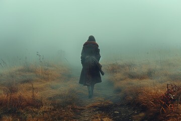 A solitary figure braves the ethereal embrace of the autumn mist, journeying through the tranquil landscape of dewy grass and winding paths in the midst of nature's embrace - obrazy, fototapety, plakaty