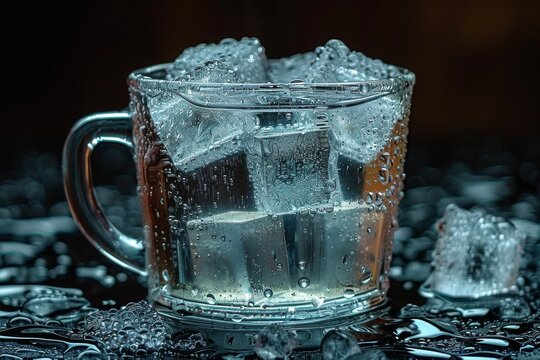 A refreshing drink awaits, as icy crystals dance in a transparent cup, beckoning from the tableware on an indoor setting