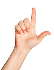 Female hand with fingers in the form of the letter L. On a blank background