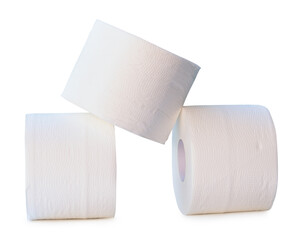 Front view of tissue paper rolls in stack isolated on white background with clipping path