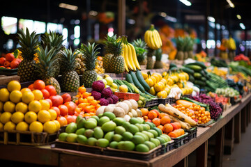 Exotic fruits variety at market in Vietnam, fruit stall invites to sample new flavors - obrazy, fototapety, plakaty