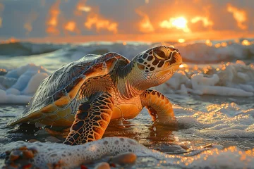 Fotobehang As the sun rises over the ocean, a majestic sea turtle emerges from the water, its scaled reptilian body glimmering in the golden light as it makes its way across the sandy beach © familymedia
