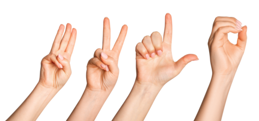 Set of female hands with fingers folded in different poses.