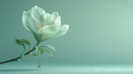 Fototapeta na wymiar A delicate white flower blooms gracefully against a serene teal backdrop, exemplifying purity and tranquility in nature.