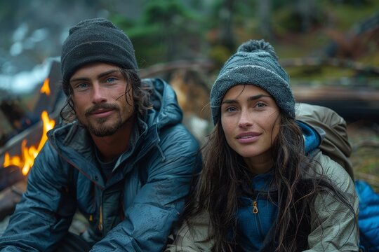 A couple's rugged outdoor adventure is captured in their weathered faces, sturdy jackets, and matching hats, as they brave the elements on a challenging hike