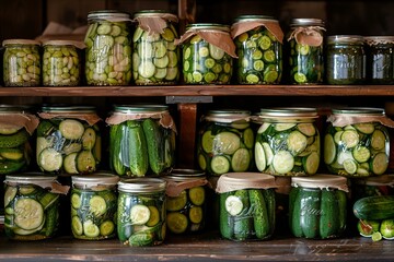 A colorful display of pickled vegetables, preserved in mason jars and neatly arranged on a shelf, showcasing the art of canning and the satisfaction of indoor food storage - obrazy, fototapety, plakaty