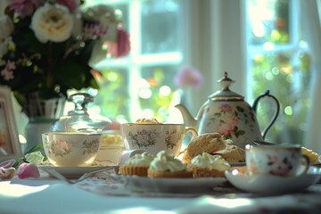 Elegant Afternoon Tea Setup with Pastries, Home Comfort Concept