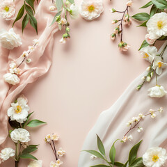 Background for beauty products made of silk fabrics, flowers and shadows
