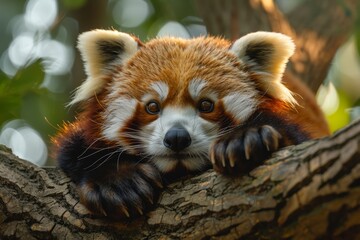 A majestic red panda lounges on a tree branch, its snout and piercing gaze exuding a wild and playful spirit amidst the serene outdoor setting