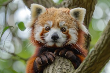 A curious lesser panda perches atop a branch, its vibrant red fur contrasting against the green...