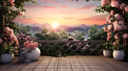 A Balcony Terrace Immersed in the Ethereal Beauty of Nature's Blur Background, Enhanced by an Exclusive Royal Balcony Fabric Backdrop with Flowers and Plants Pot - obrazy, fototapety, plakaty