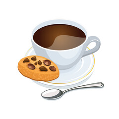 Cup of coffee and a chocolate chip cookie vector illustration. Black coffee in a white cup and round chocolate cookie icon vector isolated on a white background. Coffee and cookie drawing