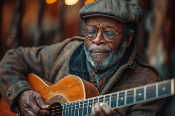 Selbstklebende Fototapeten A stylish man in glasses and a hat strums his guitar, his face reflecting the passion and soul of the music he plays © familymedia