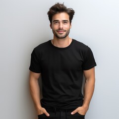 Fototapeta premium Stylish Black Bella Canvas TShirt on Male Model Light Background