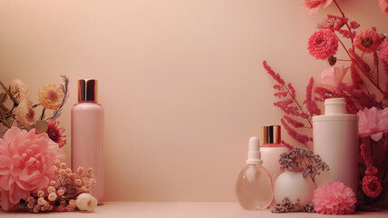 Delicate background with various cosmetic bottles and flowers. Top view, side view, copy space