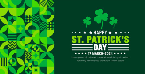 17 March is Happy St. Patrick's day geometric shape pattern  background with green leaves background template. St Patrick day or saint Patrick day 2024 banner. - obrazy, fototapety, plakaty