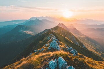 Majestic mountain range with sunrise, clear skies, nature landscape photography style 